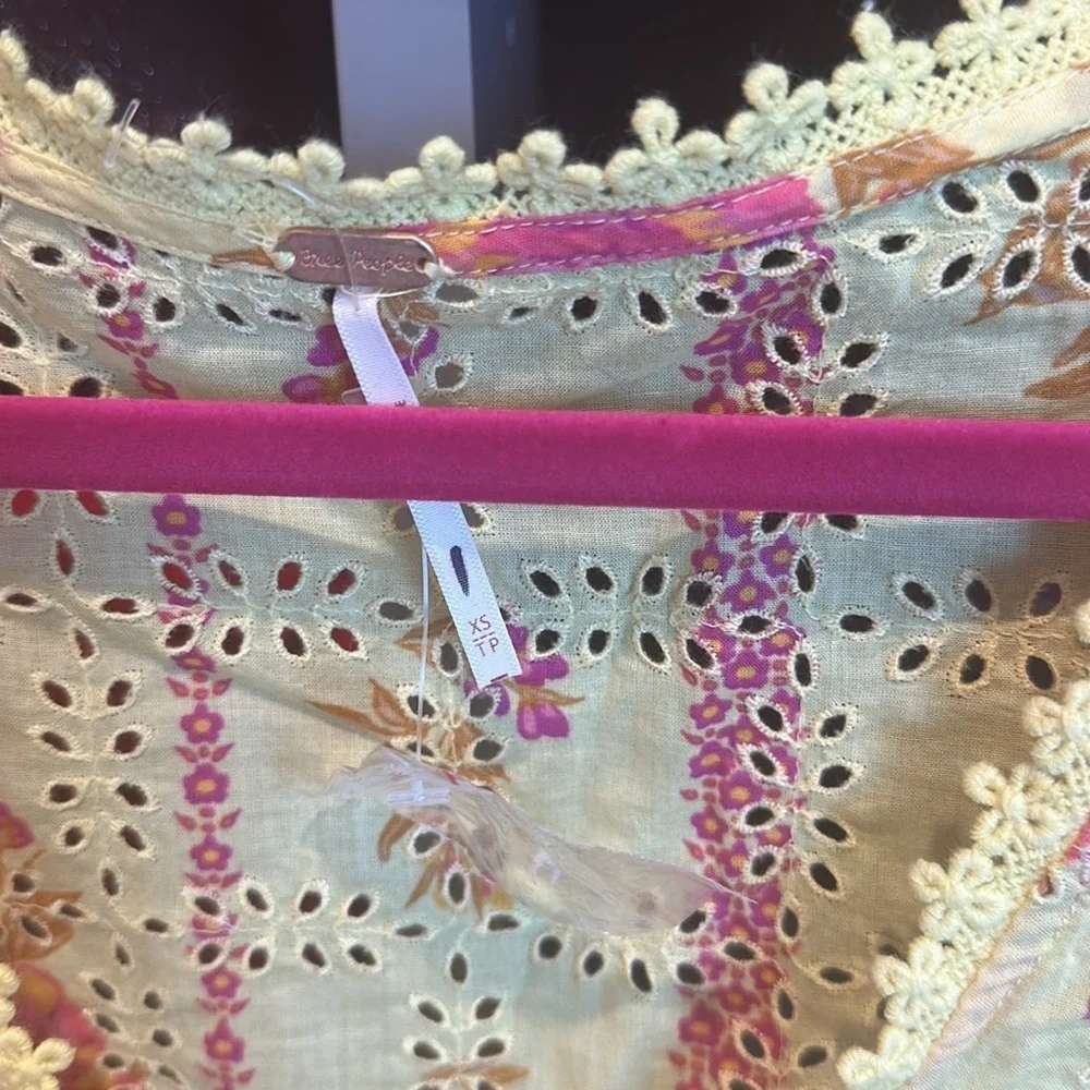 Free People yellow and pink floral print eyelet long sleeve v neck top size XS